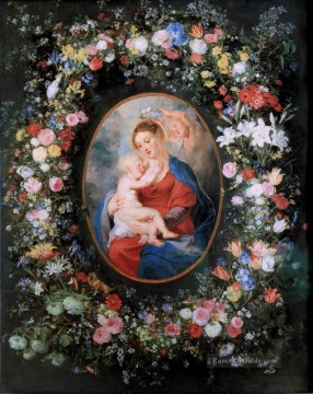  Kind Kunst - Die Jungfrau und das Kind in einem Kranz aus Blumen Barock Peter Paul Rubens